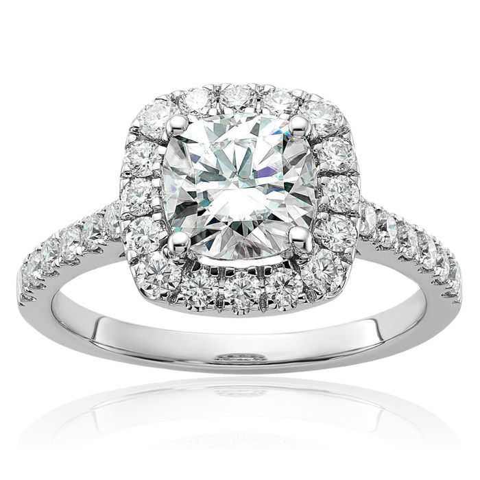 14K Solid White Gold Cushion-Cut Halo Round Moissanite Engagement Ring