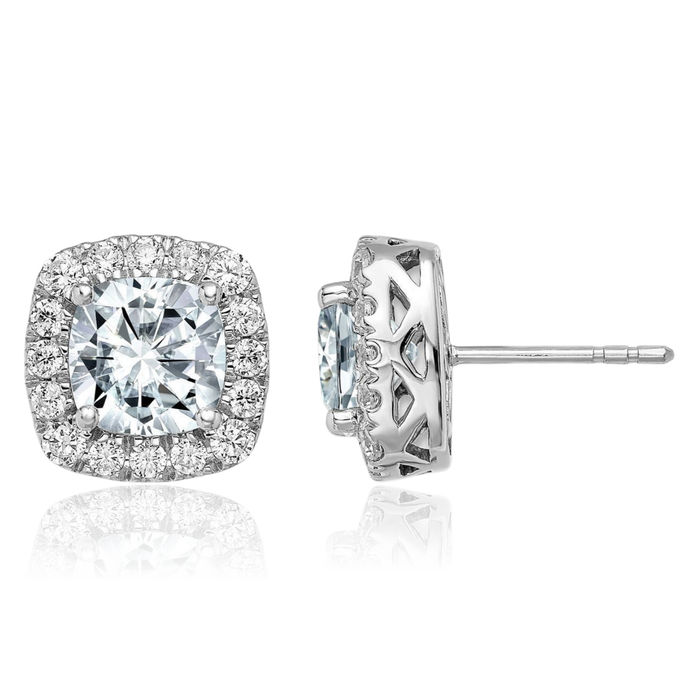 14K Solid White Gold Cushion-Cut Halo Round Moissanite Stud Earrings