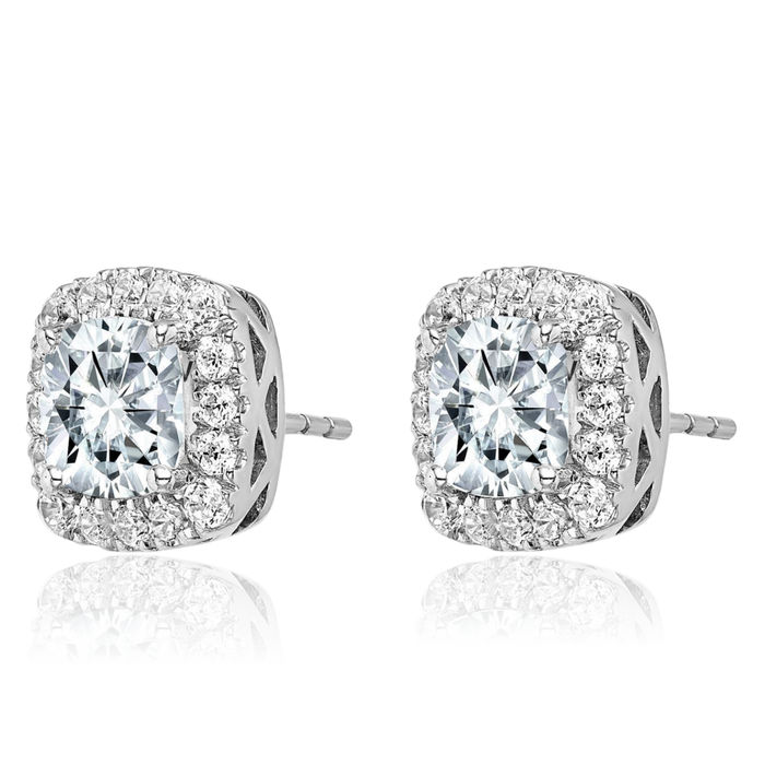 14K Solid White Gold Cushion-Cut Halo Round Moissanite Stud Earrings