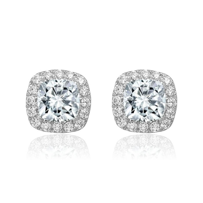 14K Solid White Gold Cushion-Cut Halo Round Moissanite Stud Earrings