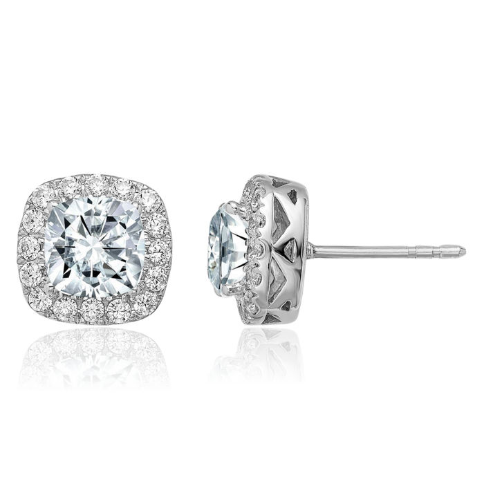 14K Solid White Gold Cushion-Cut Halo Round Moissanite Stud Earrings