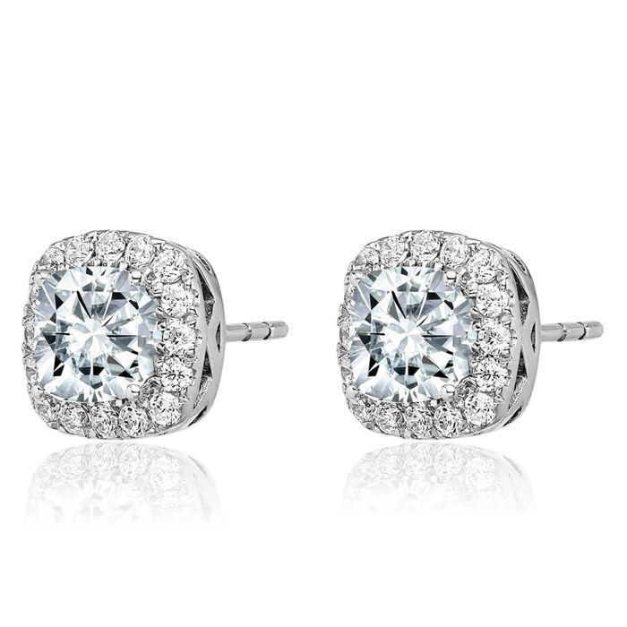 14K Solid White Gold Cushion-Cut Halo Round Moissanite Stud Earrings