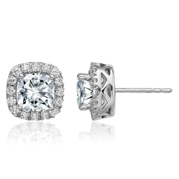 14K Solid White Gold Cushion-Cut Halo Round Moissanite Stud Earrings