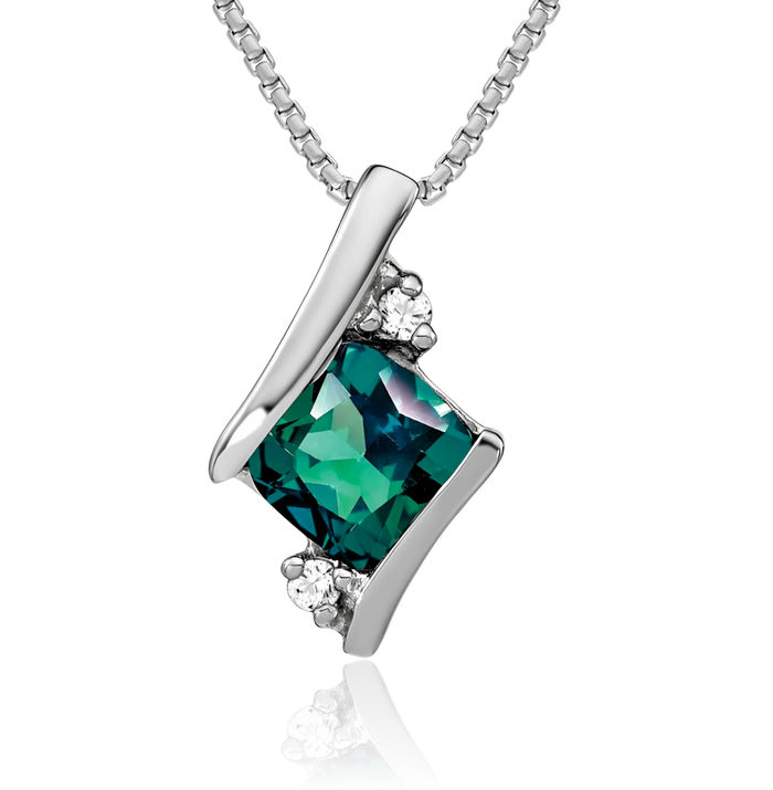 14K Solid White Gold Cushion-Cut Lab Alexandrite Diamond Floating Chain Slide Pendant Necklace Gemstone Charm April June Birthstone Jewelry