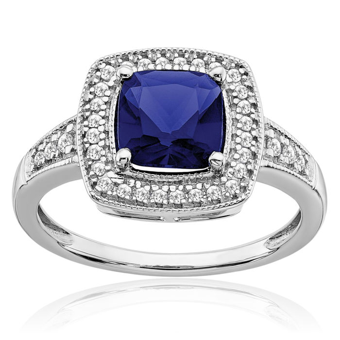 14K Solid White Gold Cushion-Cut Lab Blue Sapphire Diamond Halo Round Ring September Birthstone Jewelry