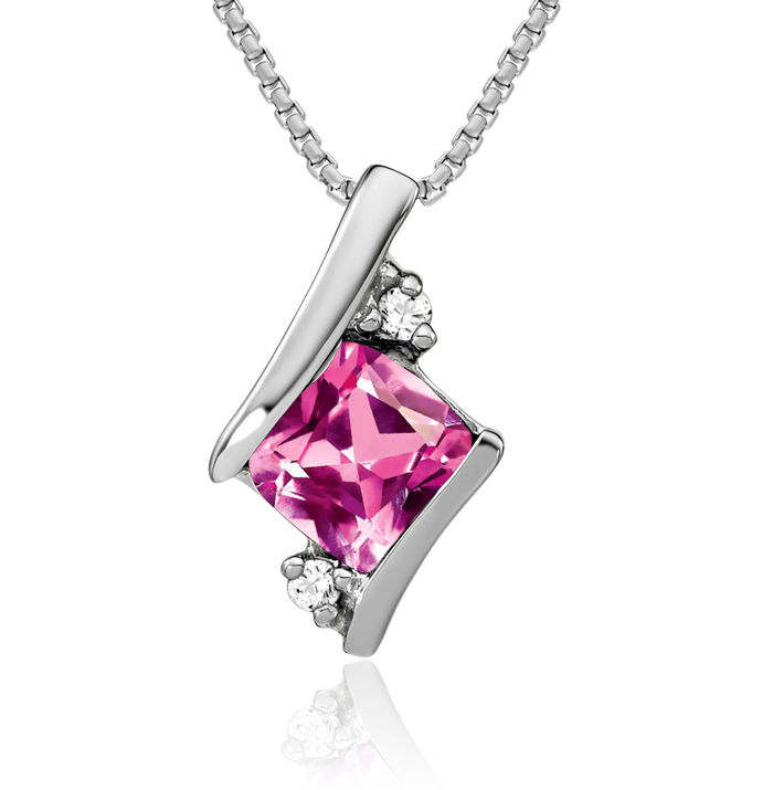 14K Solid White Gold Cushion-Cut Lab Pink Sapphire Diamond Floating Chain Slide Pendant Necklace Gemstone Charm April October Birthstone Jewelry