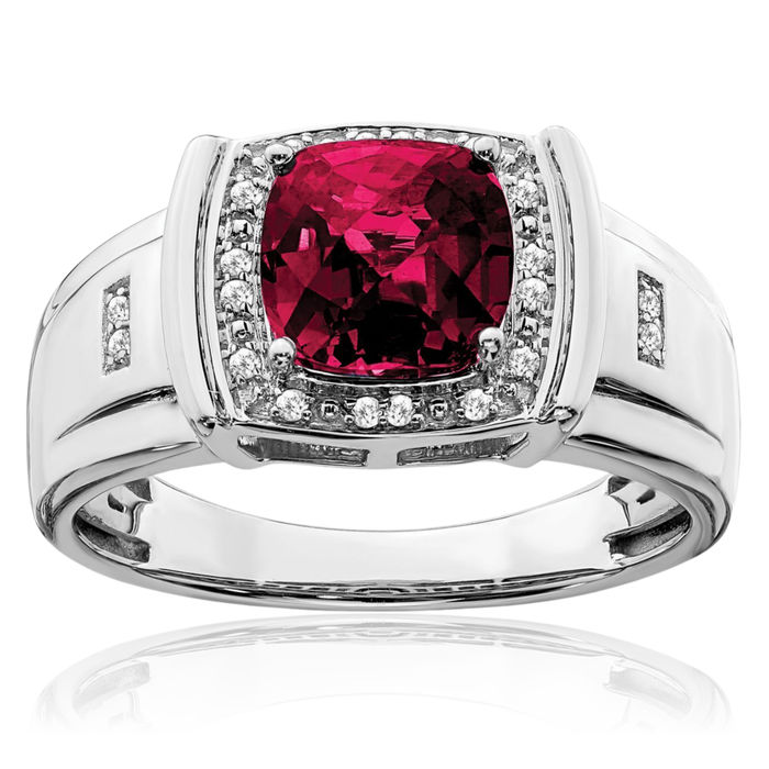 14K Solid White Gold Cushion-Cut Lab Red Ruby Diamond Mens Ring