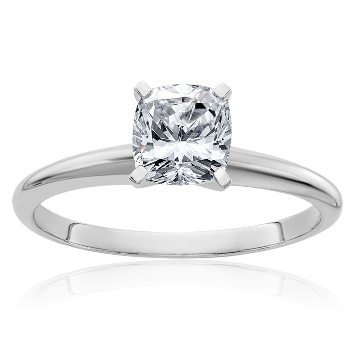 14K Solid White Gold Cushion-Cut Moissanite Solitaire Engagement Ring