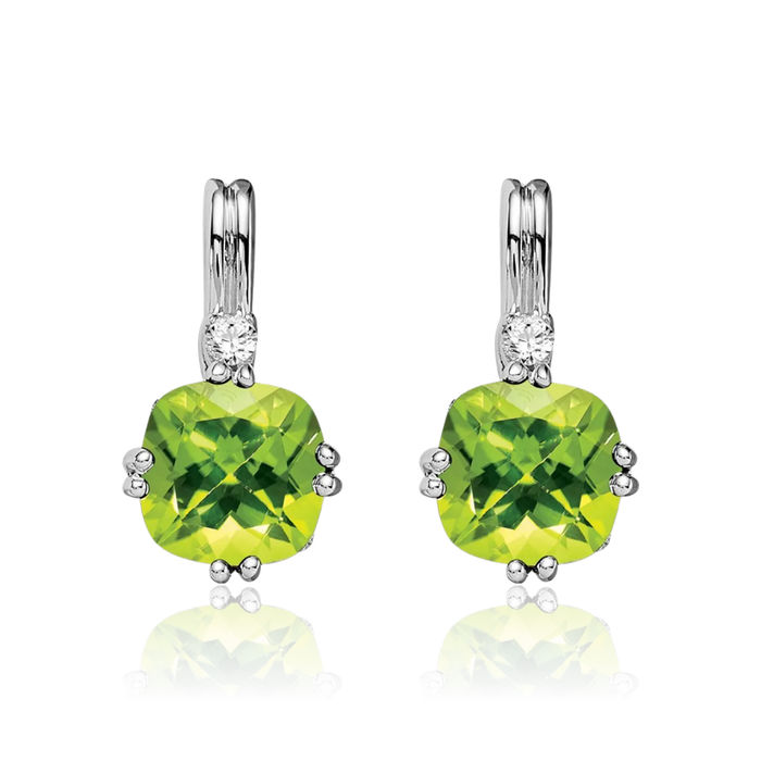 14K Solid White Gold Cushion-Cut Green Peridot Diamond Drop Dangle Earrings Gemstone Post Push Back August Birthstone Jewelry