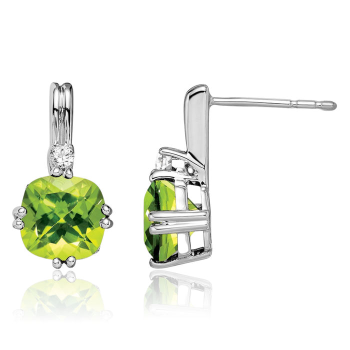 14K Solid White Gold Cushion-Cut Green Peridot Diamond Drop Dangle Earrings Gemstone Post Push Back August Birthstone Jewelry