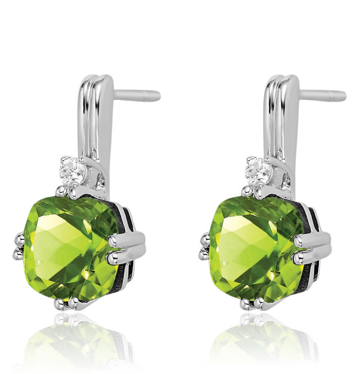 14K Solid White Gold Cushion-Cut Green Peridot Diamond Drop Dangle Earrings Gemstone Post Push Back August Birthstone Jewelry