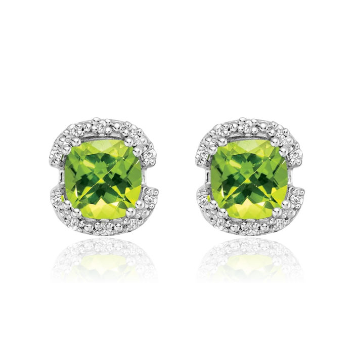 14K Solid White Gold Cushion-Cut Green Peridot Diamond Halo Round Stud Earrings August Birthstone Jewelry