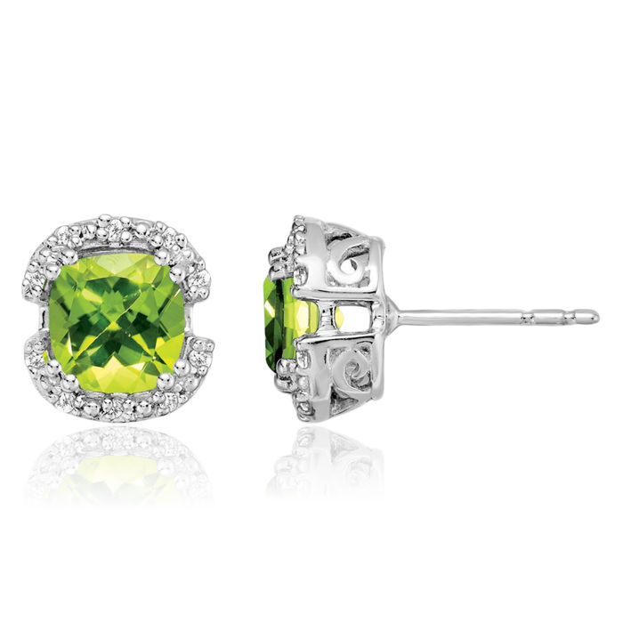 14K Solid White Gold Cushion-Cut Green Peridot Diamond Halo Round Stud Earrings August Birthstone Jewelry