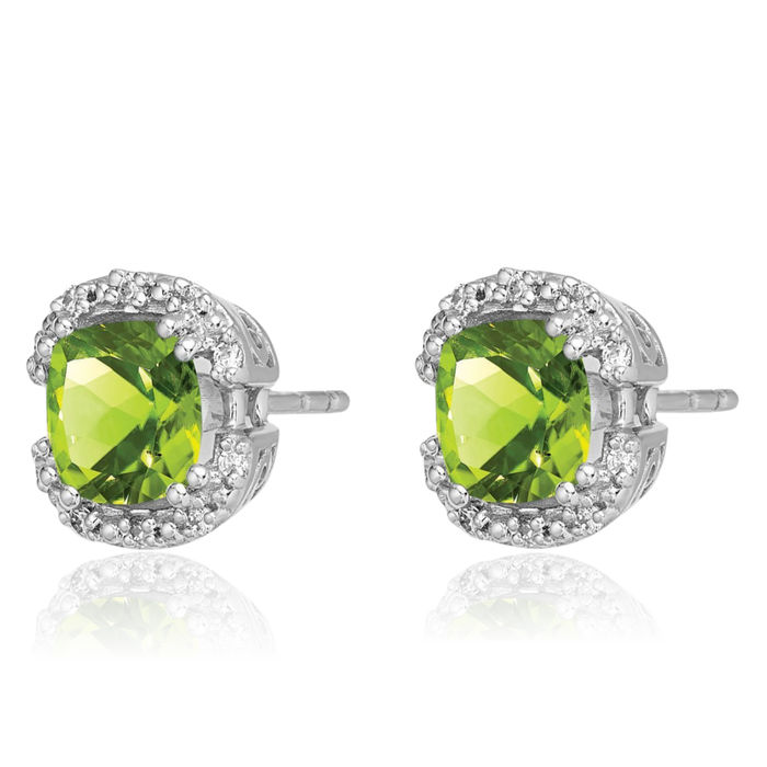 14K Solid White Gold Cushion-Cut Green Peridot Diamond Halo Round Stud Earrings August Birthstone Jewelry