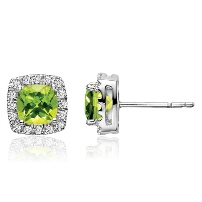 14K Solid White Gold Cushion-Cut Green Peridot Diamond Halo Round Stud Earrings August Birthstone Jewelry