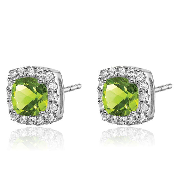 14K Solid White Gold Cushion-Cut Green Peridot Diamond Halo Round Stud Earrings August Birthstone Jewelry