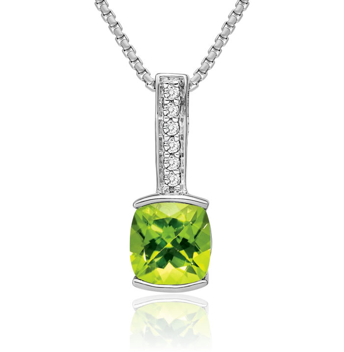 14K Solid White Gold Cushion-Cut Green Peridot Diamond Necklace Charm Gemstone Pendant