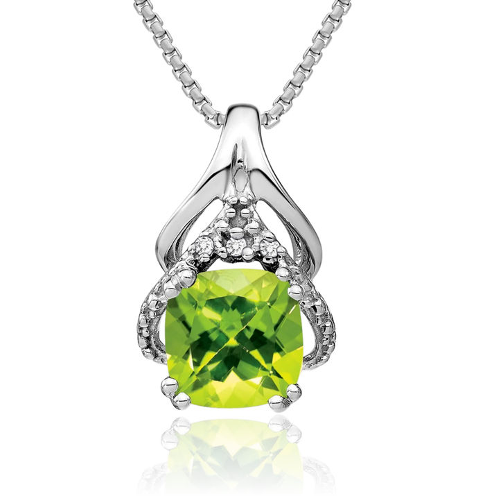 14K Solid White Gold Cushion-Cut Green Peridot Diamond Necklace Charm Gemstone Pendant