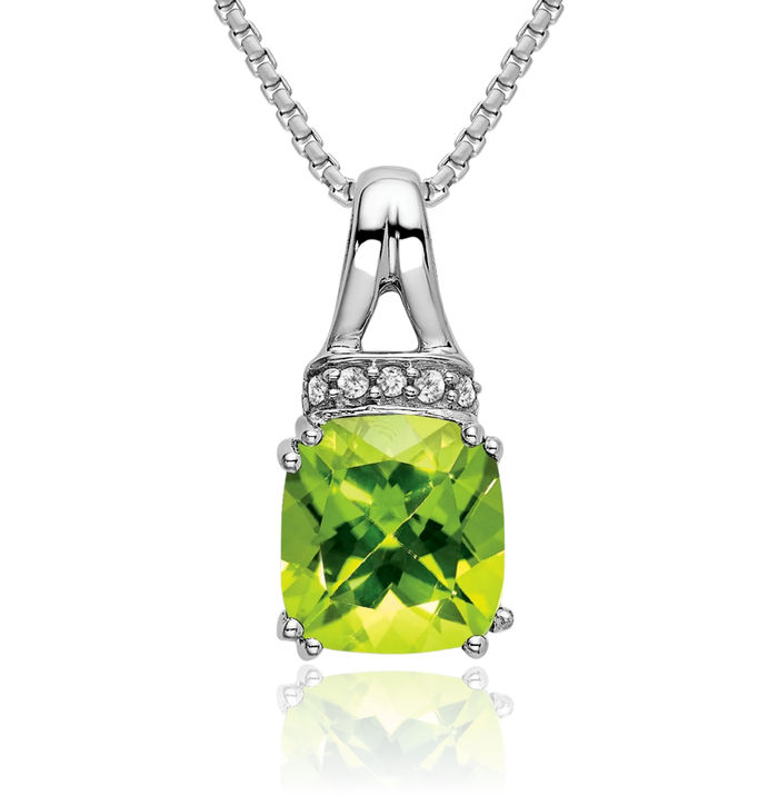 14K Solid White Gold Cushion-Cut Green Peridot Diamond Necklace Charm Gemstone Pendant