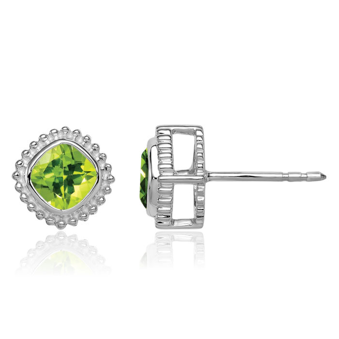 14K Solid White Gold Cushion-Cut Green Peridot Stud Earrings August Birthstone Jewelry