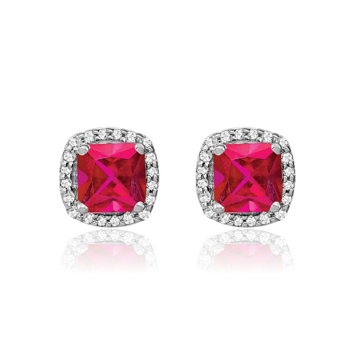 14K Solid White Gold Cushion-Cut Red Ruby Diamond Halo Round Stud Earrings July Birthstone Jewelry