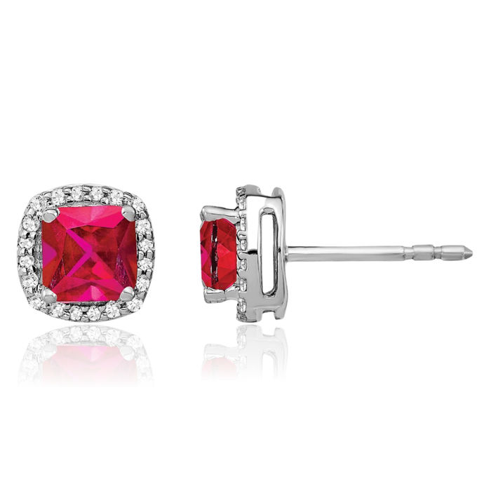 14K Solid White Gold Cushion-Cut Red Ruby Diamond Halo Round Stud Earrings July Birthstone Jewelry