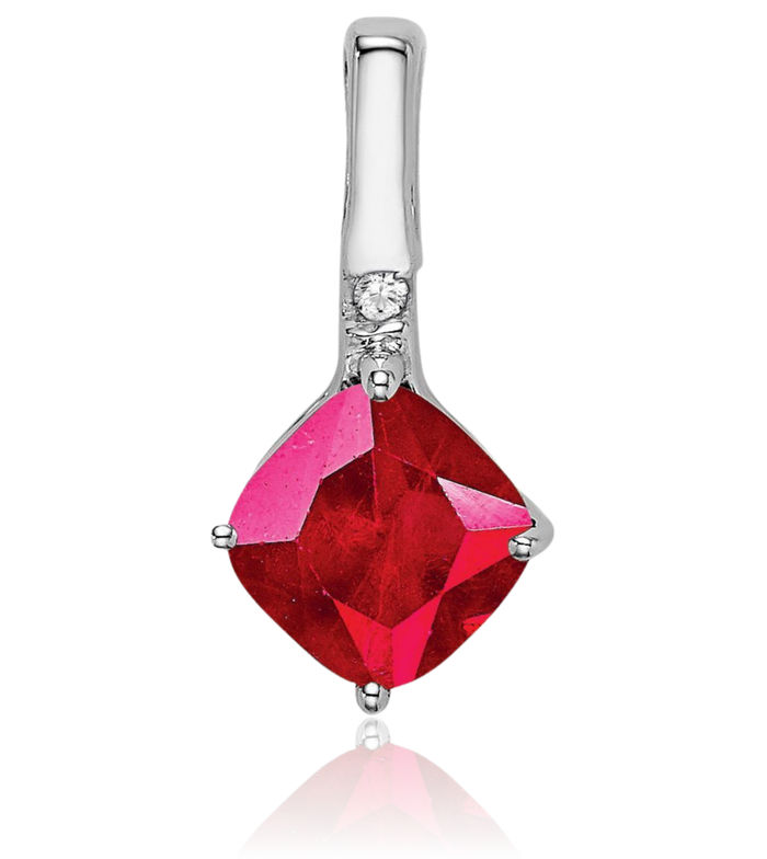 14K Solid White Gold Cushion-Cut Red Ruby Diamond Necklace Charm Gemstone Pendant