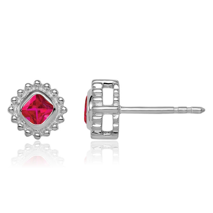 14K Solid White Gold Cushion-Cut Red Ruby Stud Earrings July Birthstone Jewelry