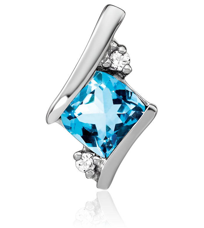 14K Solid White Gold Cushion-Cut Sky Blue Topaz Diamond Floating Chain Slide Pendant Necklace Gemstone Charm April December Birthstone Jewelry