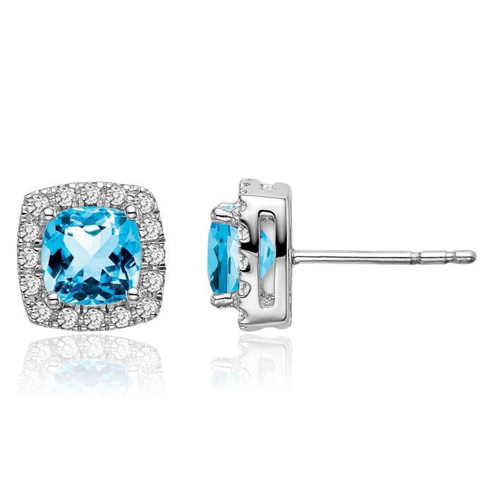 14K Solid White Gold Cushion-Cut Swiss Blue Topaz Diamond Halo Round Stud Earrings December Birthstone Jewelry