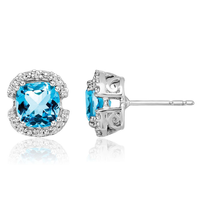 14K Solid White Gold Cushion-Cut Swiss Blue Topaz Diamond Halo Round Stud Earrings December Birthstone Jewelry