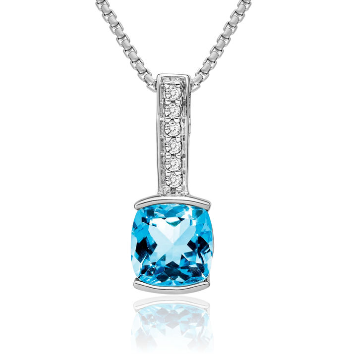 14K Solid White Gold Cushion-Cut Swiss Blue Topaz Diamond Necklace Charm Gemstone Pendant