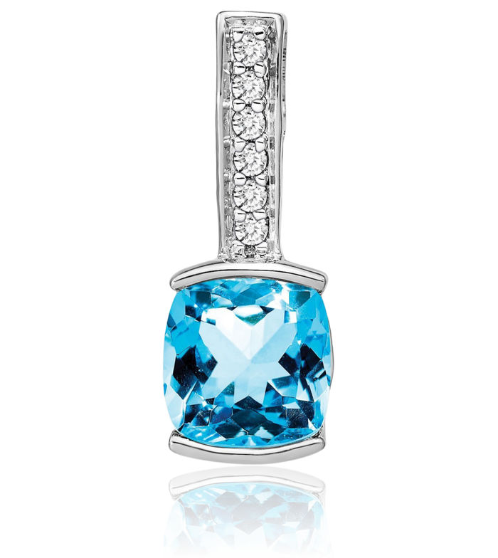 14K Solid White Gold Cushion-Cut Swiss Blue Topaz Diamond Necklace Charm Gemstone Pendant