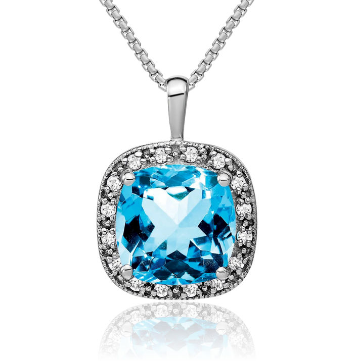 14K Solid White Gold Cushion-Cut Swiss Blue Topaz Diamond Necklace Charm Gemstone Pendant