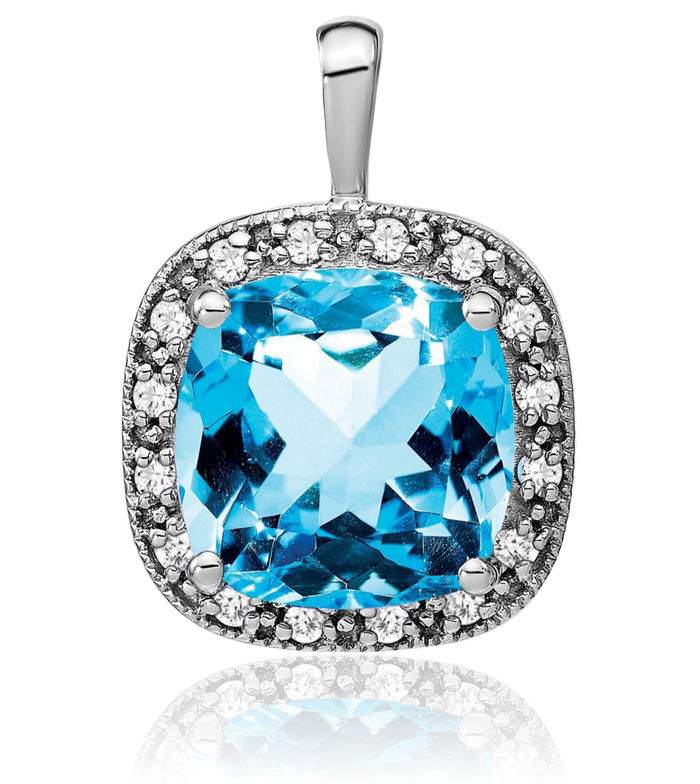 14K Solid White Gold Cushion-Cut Swiss Blue Topaz Diamond Necklace Charm Gemstone Pendant