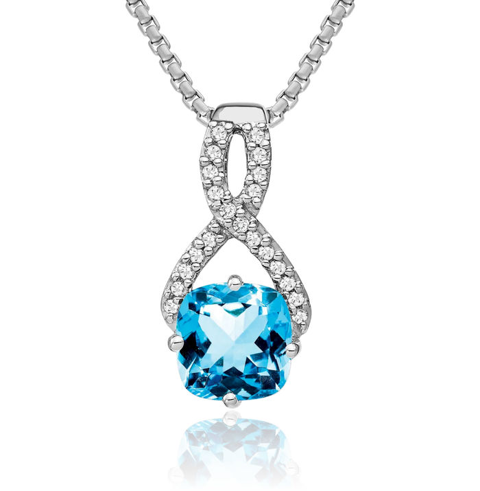 14K Solid White Gold Cushion-Cut Swiss Blue Topaz Diamond Necklace Charm Gemstone Pendant