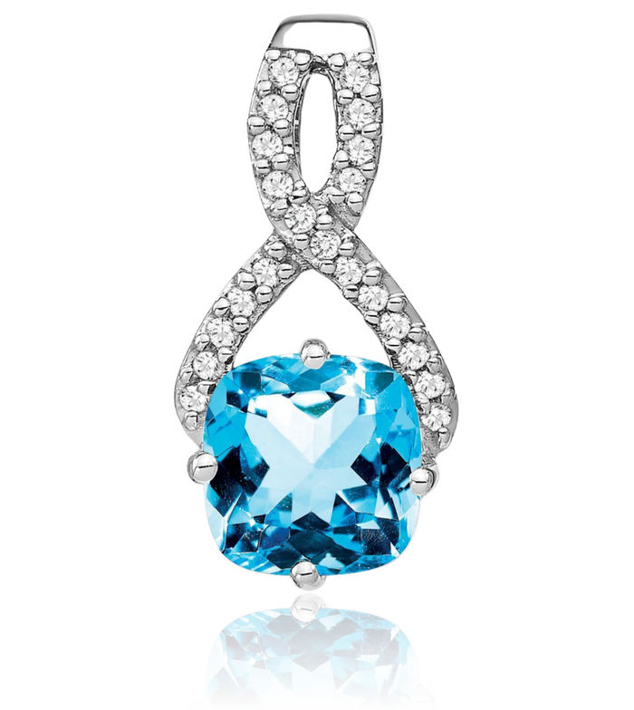 14K Solid White Gold Cushion-Cut Swiss Blue Topaz Diamond Necklace Charm Gemstone Pendant