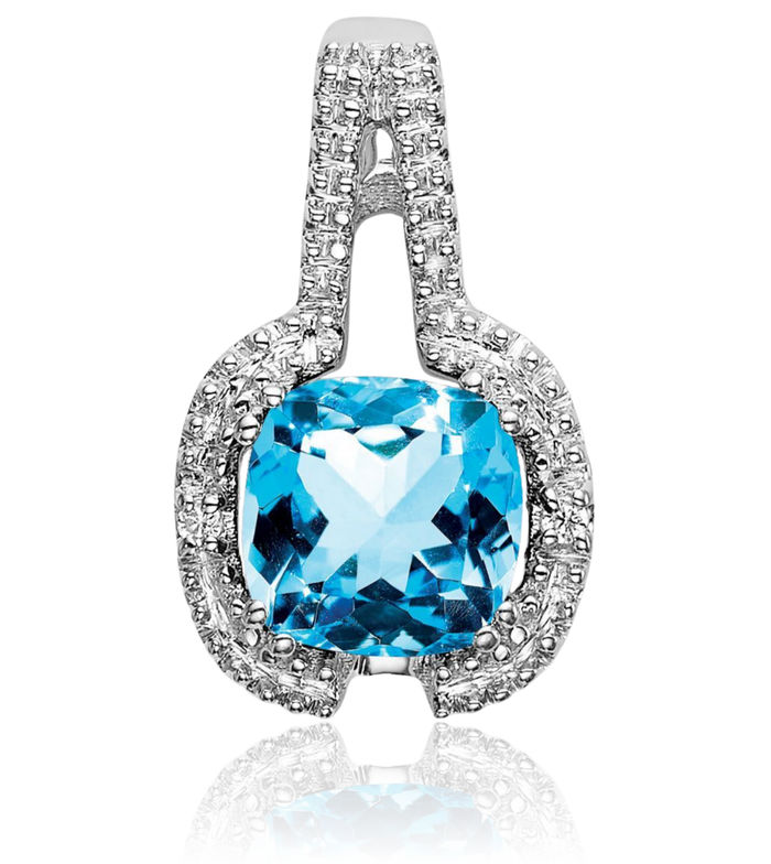 14K Solid White Gold Cushion-Cut Swiss Blue Topaz Diamond Necklace Charm Gemstone Pendant