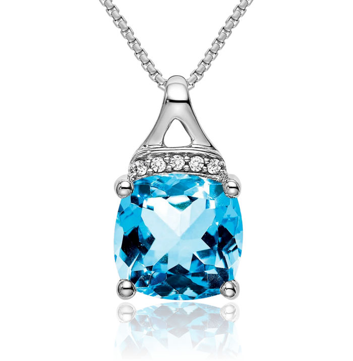 14K Solid White Gold Cushion-Cut Swiss Blue Topaz Diamond Necklace Charm Gemstone Pendant