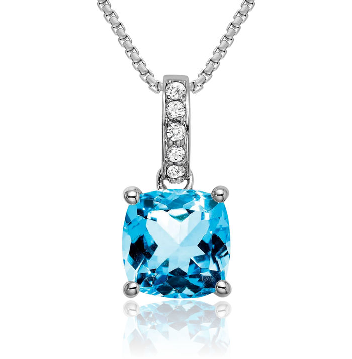 14K Solid White Gold Cushion-Cut Swiss Blue Topaz Diamond Necklace Charm Gemstone Pendant