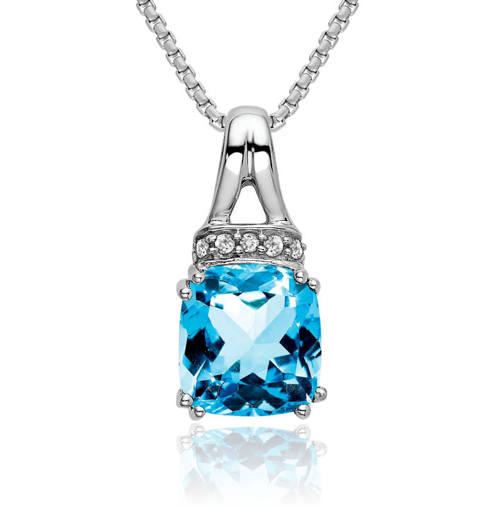 14K Solid White Gold Cushion-Cut Swiss Blue Topaz Diamond Necklace Charm Gemstone Pendant