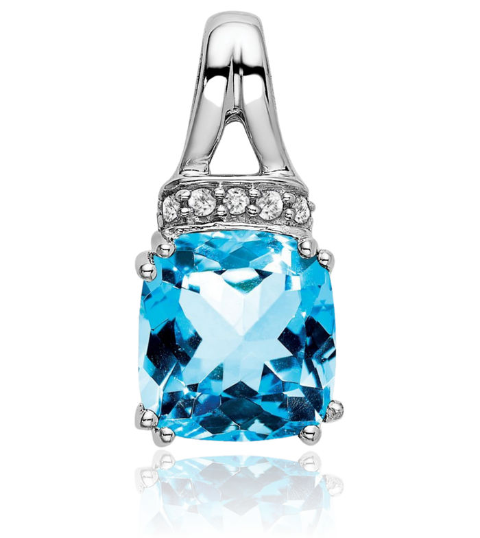 14K Solid White Gold Cushion-Cut Swiss Blue Topaz Diamond Necklace Charm Gemstone Pendant