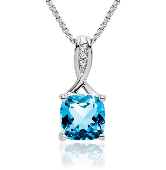 14K Solid White Gold Cushion-Cut Swiss Blue Topaz Diamond Necklace Charm Gemstone Pendant