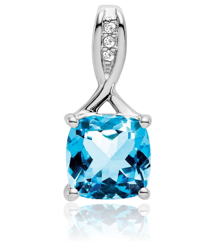 14K Solid White Gold Cushion-Cut Swiss Blue Topaz Diamond Necklace Charm Gemstone Pendant