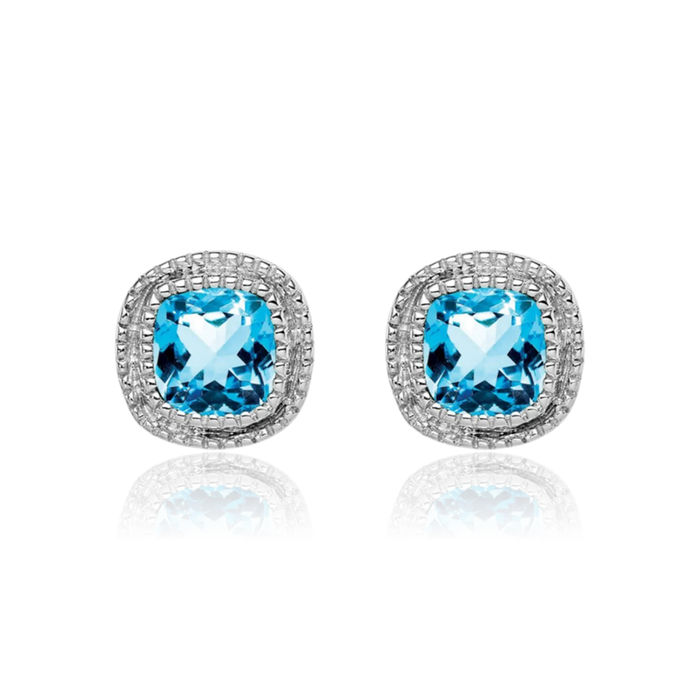 14K Solid White Gold Cushion-Cut Swiss Blue Topaz Diamond Stud Solitaire Earrings December Birthstone Jewelry