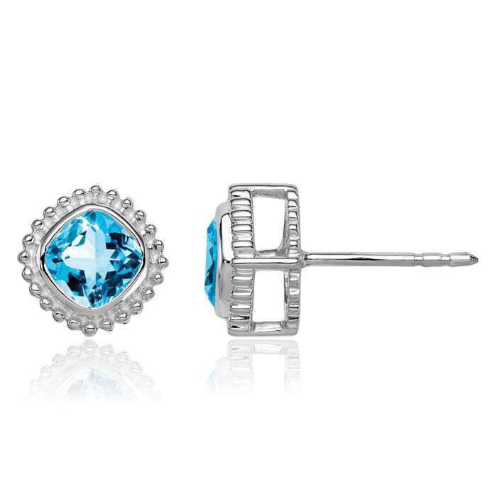 14K Solid White Gold Cushion-Cut Swiss Blue Topaz Stud Earrings December Birthstone Jewelry