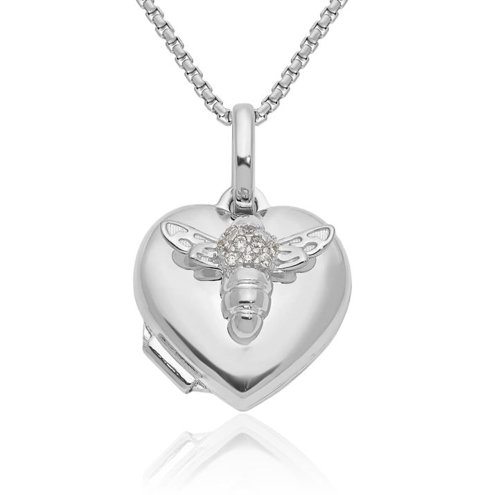 14K Solid White Gold Cubic Zirconia CZ Queen Bumble Bee Heart Personalized Photo Locket Necklace Honeybee Pendant Beekeeper Charm