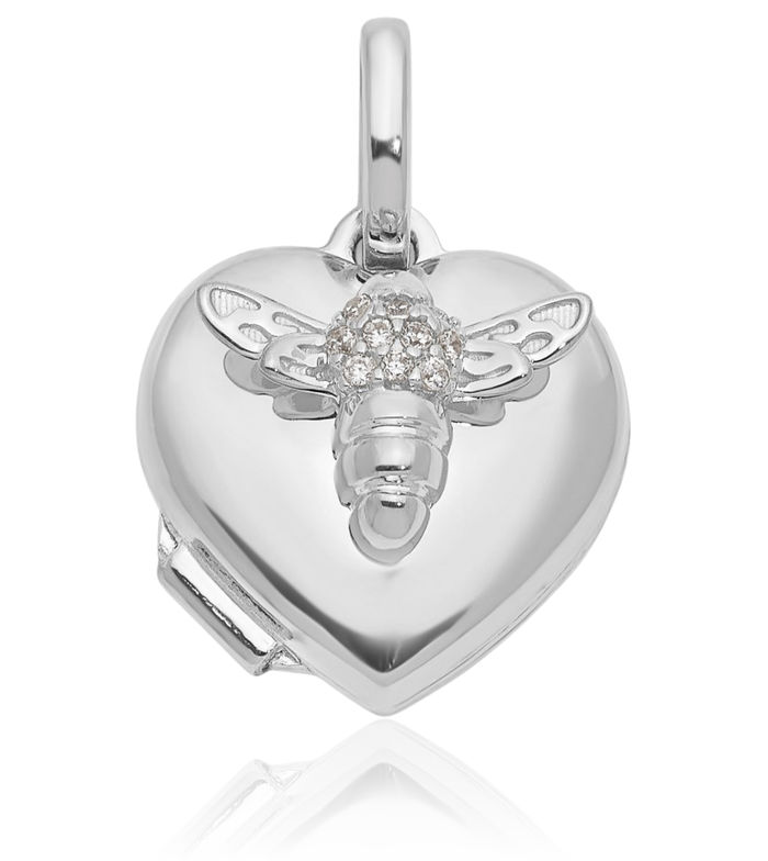 14K Solid White Gold Cubic Zirconia CZ Queen Bumble Bee Heart Personalized Photo Locket Necklace Honeybee Pendant Beekeeper Charm