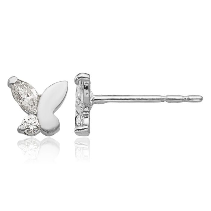 14K Solid White Gold Cubic Zirconia CZ Butterfly Wings Stud Earrings