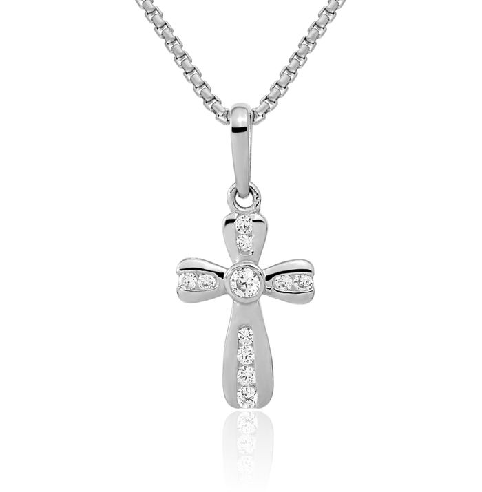 14K Solid White Gold Cubic Zirconia CZ Holy Cross Necklace Religious Chain Pendant Jesus Christ Charm